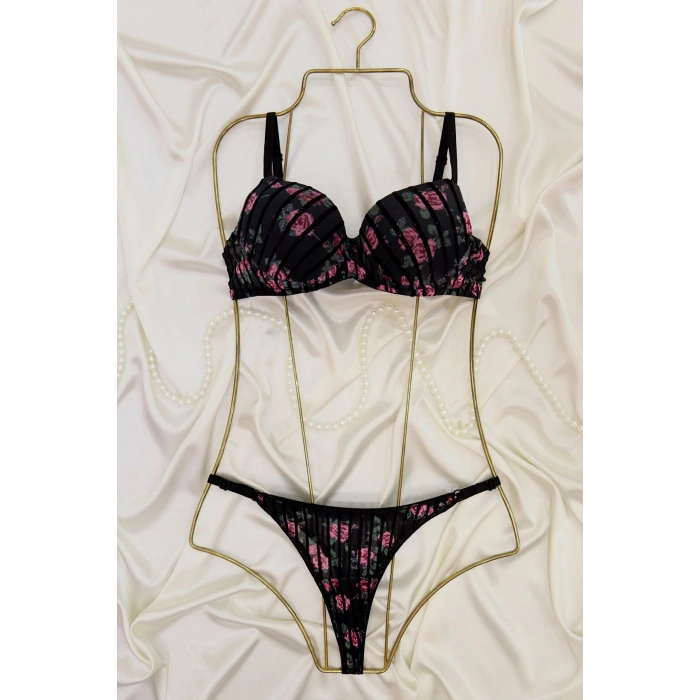 Çiçek Baskılı Dikine Flok Çizgili Takım Dolu Siyah - 2565.1783.