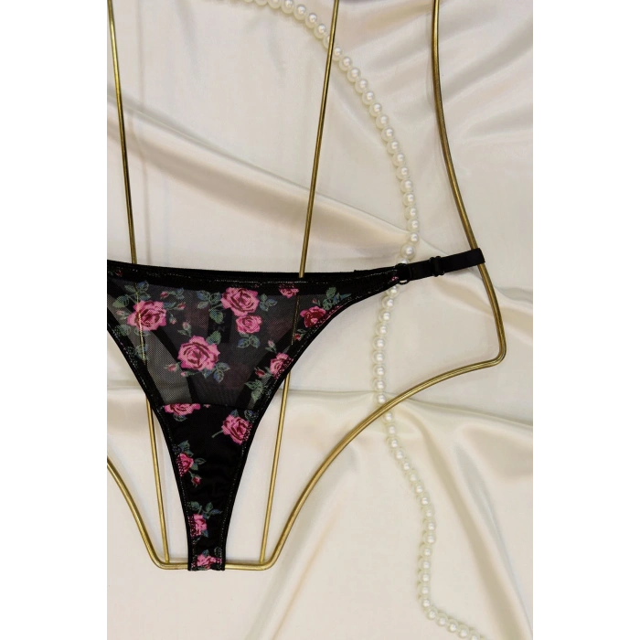 Çiçek Baskılı Tül Takım Dolu Kap  Siyah - 2563.1783.