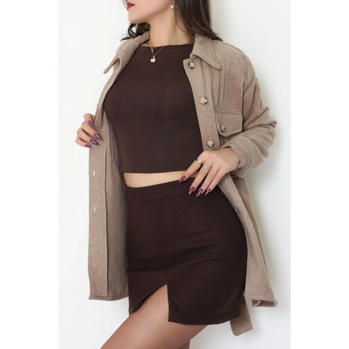 Çift Cepli Kuşaklı Tunik Gömlek Bej - 70991.1775.