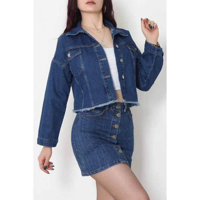 Çift Cepli Püsküllü Kot Ceket Koyumavi - 31726.2059.