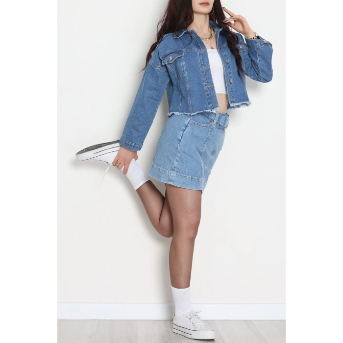 Çift Cepli Püsküllü Kot Ceket Mavi - 31726.2059.