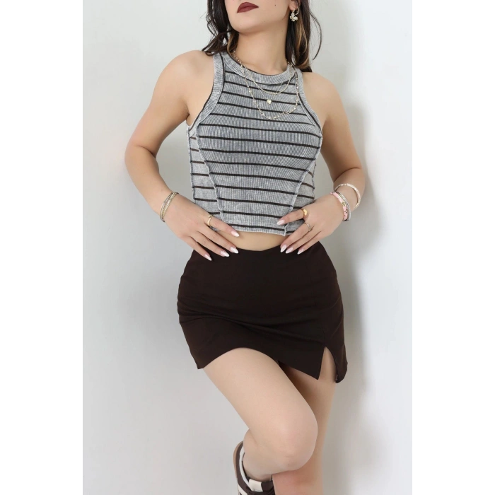 Çizgili Asit Yıkamalı Kaşkorse Crop Body Gri - 71061.1748.