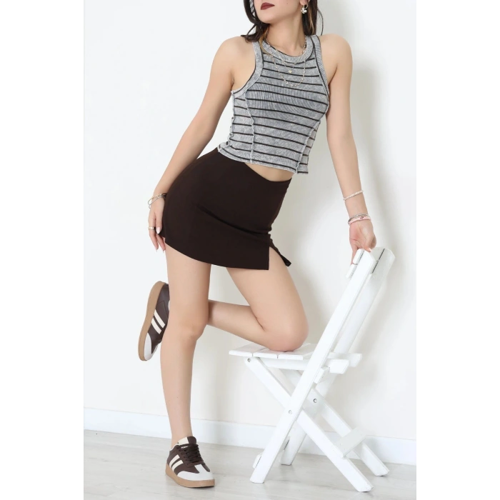 Çizgili Asit Yıkamalı Kaşkorse Crop Body Gri - 71061.1748.