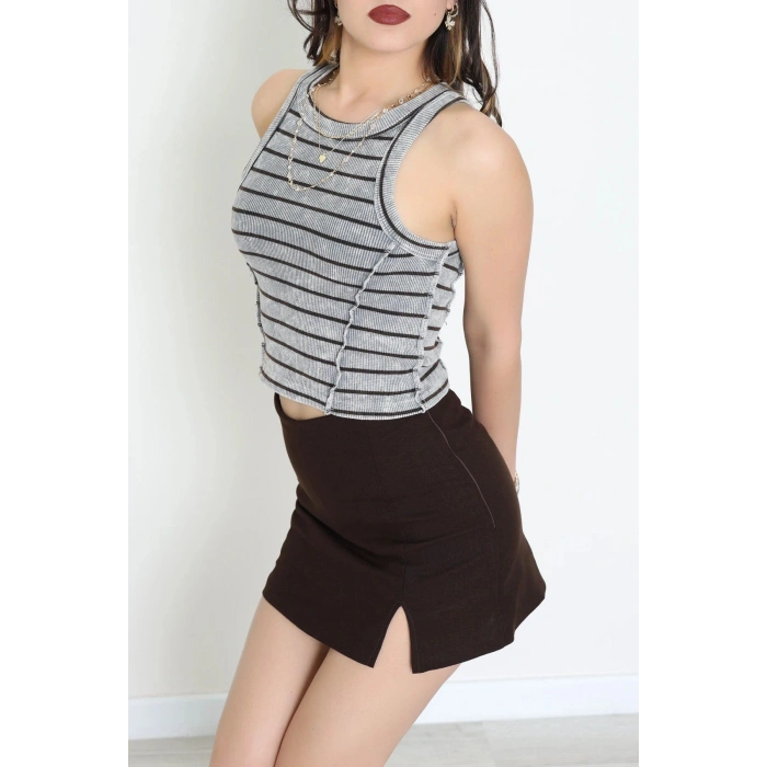 Çizgili Asit Yıkamalı Kaşkorse Crop Body Gri - 71061.1748.