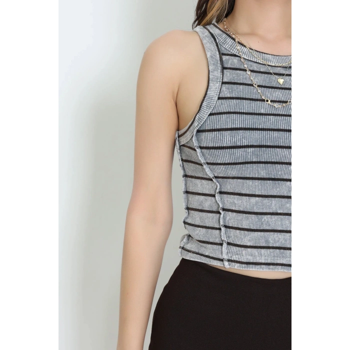 Çizgili Asit Yıkamalı Kaşkorse Crop Body Gri - 71061.1748.