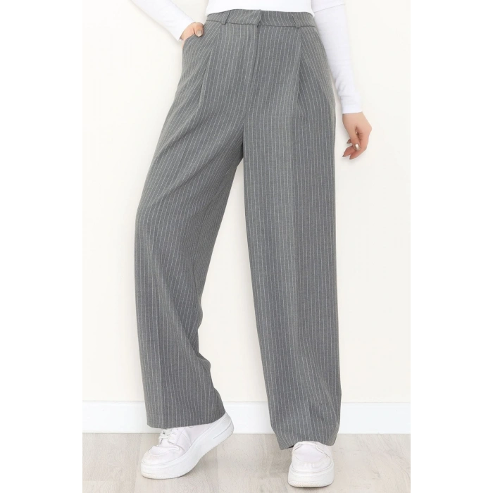 Çizgili Bol Paça Pantolon Füme - 7150.424.