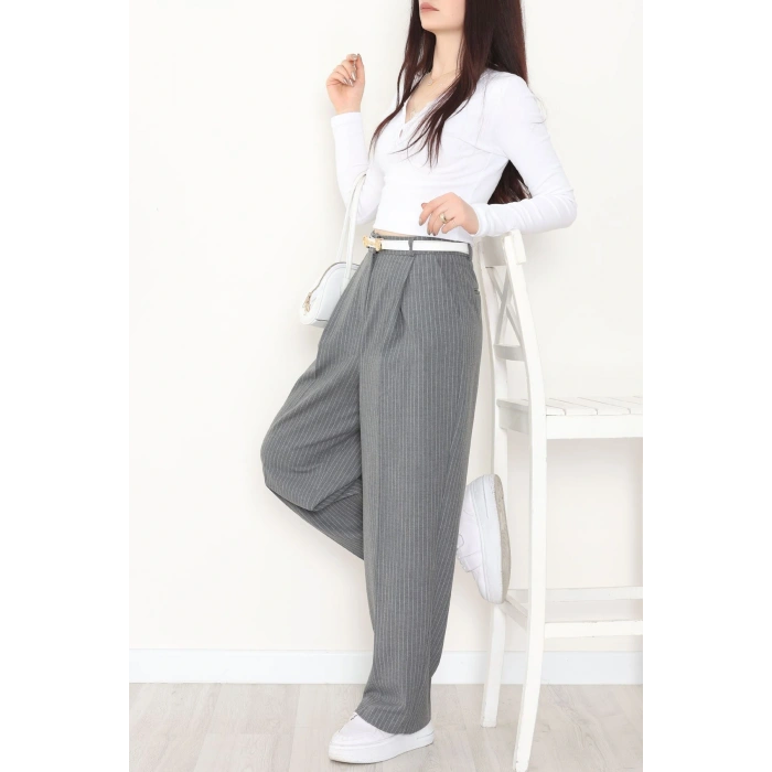 Çizgili Bol Paça Pantolon Füme - 7150.424.