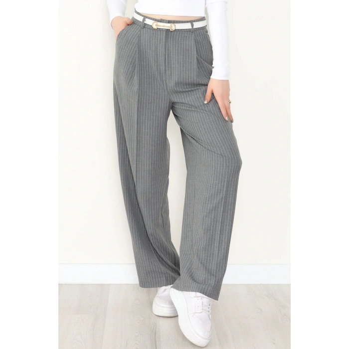 Çizgili Bol Paça Pantolon Füme - 7150.424.