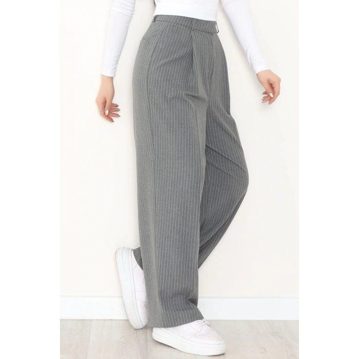 Çizgili Bol Paça Pantolon Füme - 7150.424.