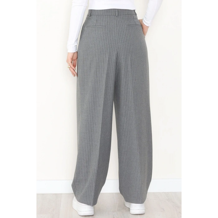 Çizgili Bol Paça Pantolon Füme - 7150.424.