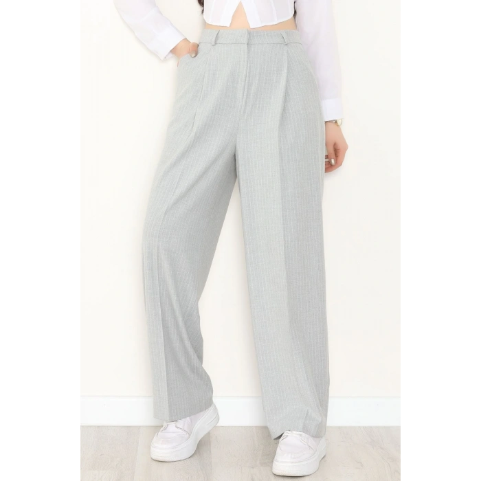 Çizgili Bol Paça Pantolon Gri - 7150.424.