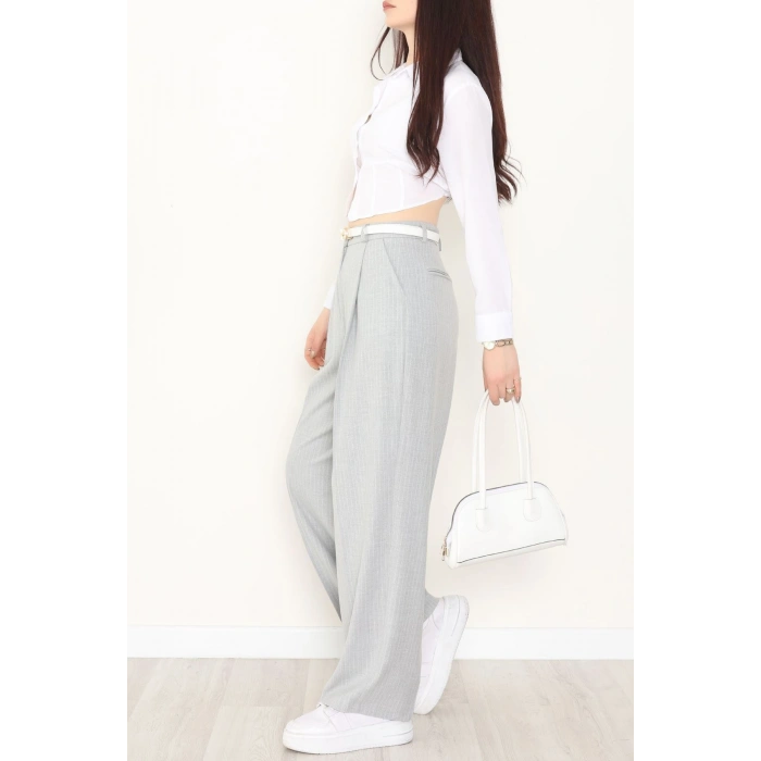 Çizgili Bol Paça Pantolon Gri - 7150.424.