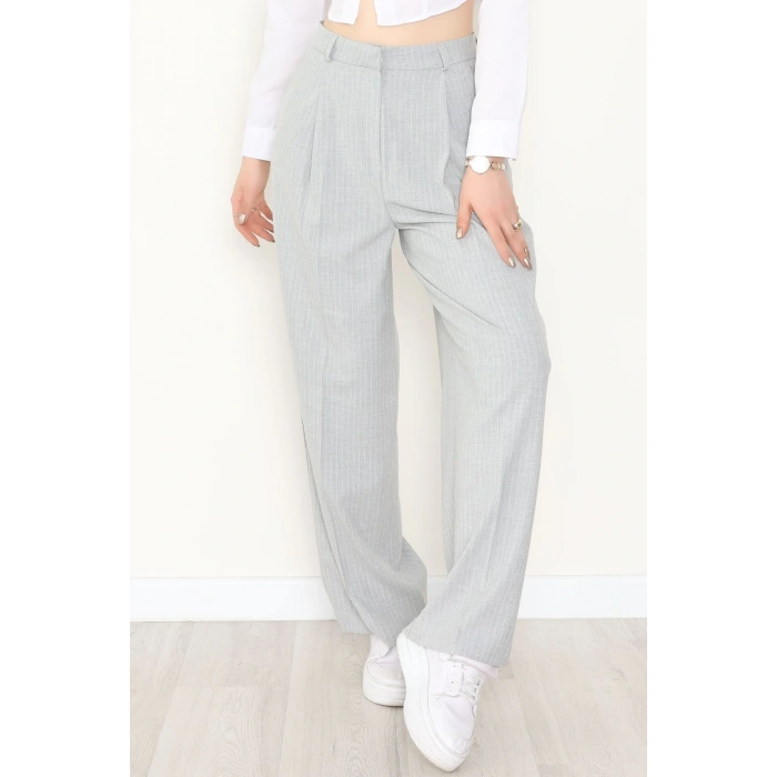 Çizgili Bol Paça Pantolon Gri - 7150.424.