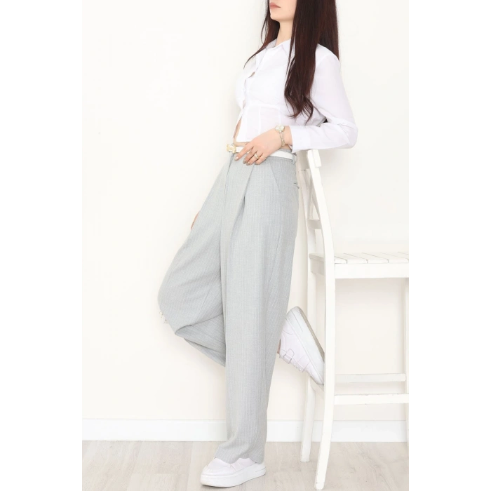 Çizgili Bol Paça Pantolon Gri - 7150.424.