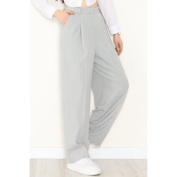Çizgili Bol Paça Pantolon Gri - 7150.424.