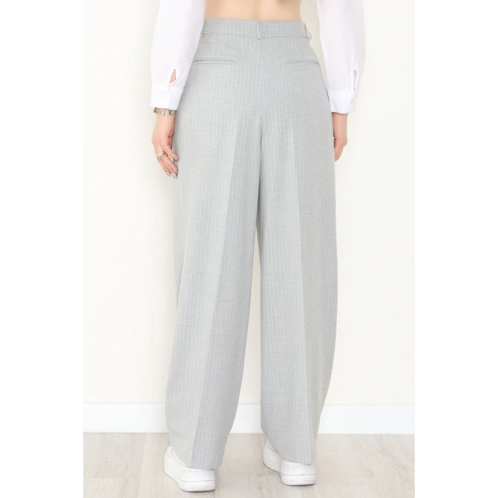 Çizgili Bol Paça Pantolon Gri - 7150.424.