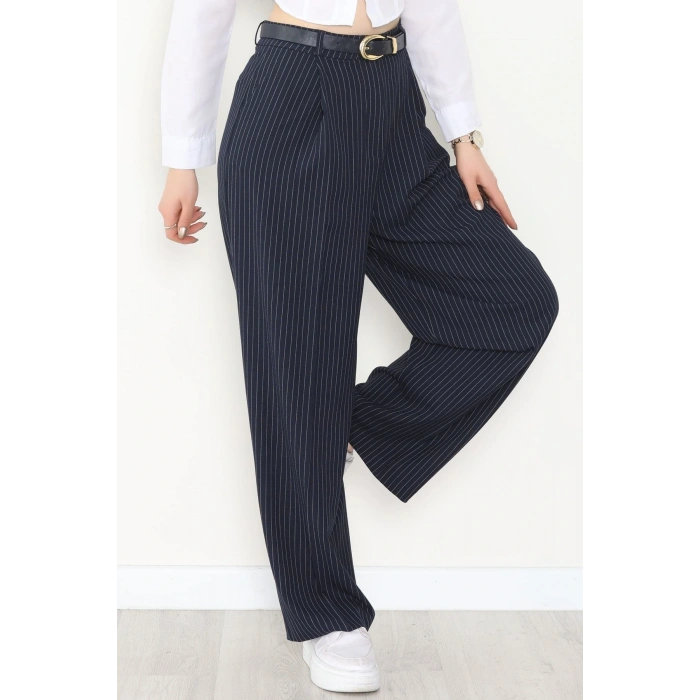 Çizgili Bol Paça Pantolon Lacivert - 7150.424.