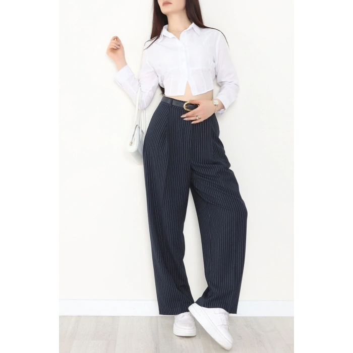 Çizgili Bol Paça Pantolon Lacivert - 7150.424.