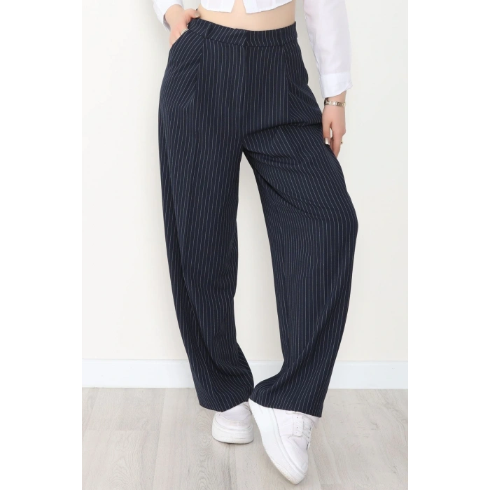 Çizgili Bol Paça Pantolon Lacivert - 7150.424.