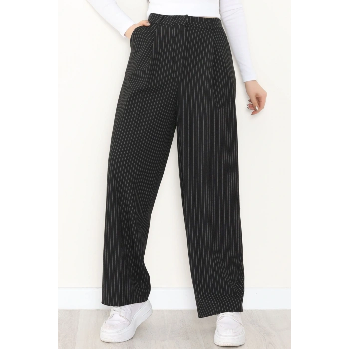 Çizgili Bol Paça Pantolon Siyah - 7150.424.