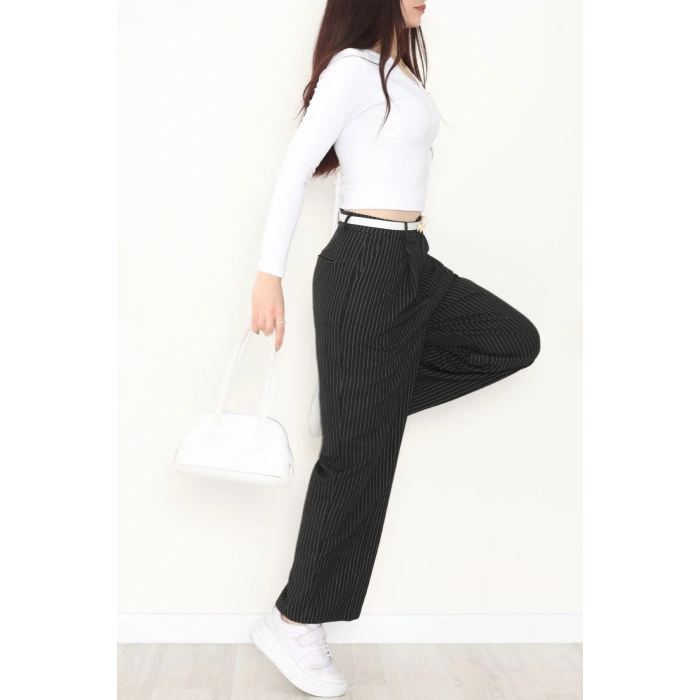 Çizgili Bol Paça Pantolon Siyah - 7150.424.