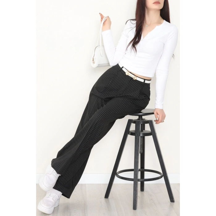 Çizgili Bol Paça Pantolon Siyah - 7150.424.