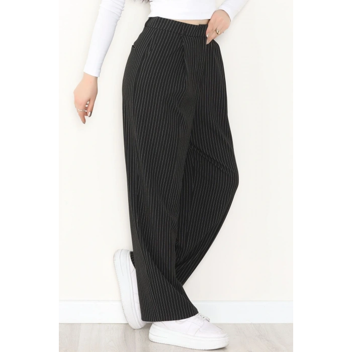 Çizgili Bol Paça Pantolon Siyah - 7150.424.