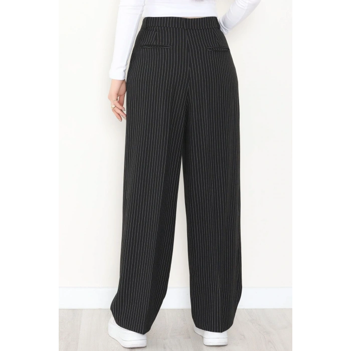 Çizgili Bol Paça Pantolon Siyah - 7150.424.