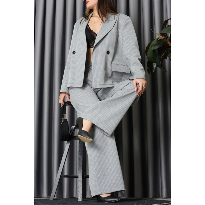 Çizgili Ceket Takım Gri - 9519.1995.