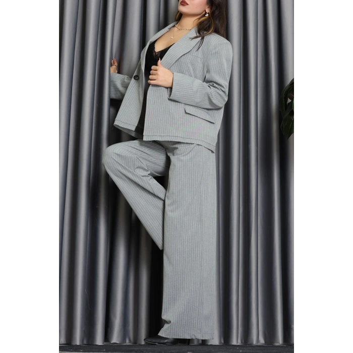 Çizgili Ceket Takım Gri - 9519.1995.
