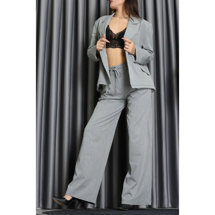 Çizgili Ceket Takım Gri - 9519.1995.