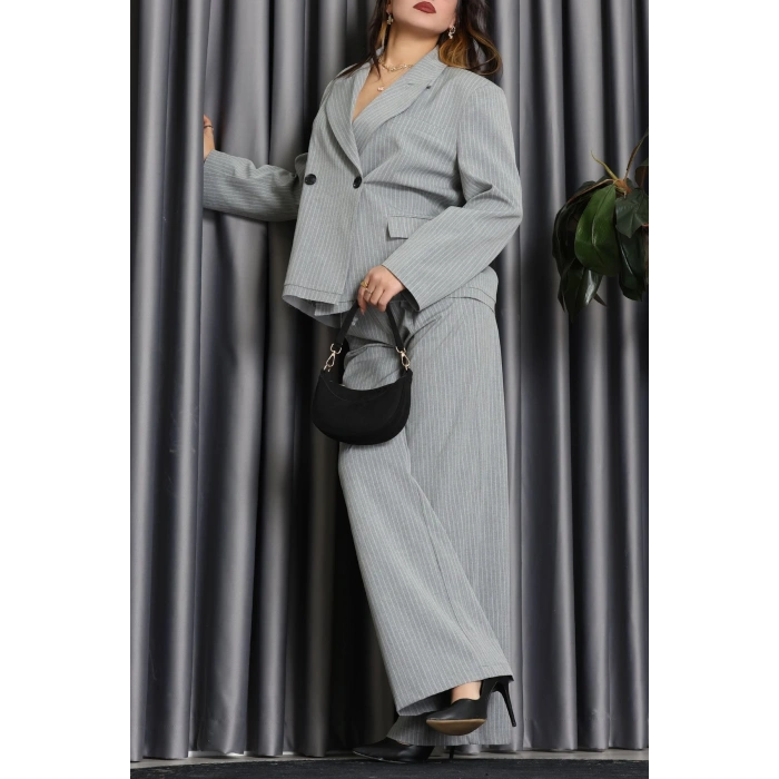 Çizgili Ceket Takım Gri - 9519.1995.