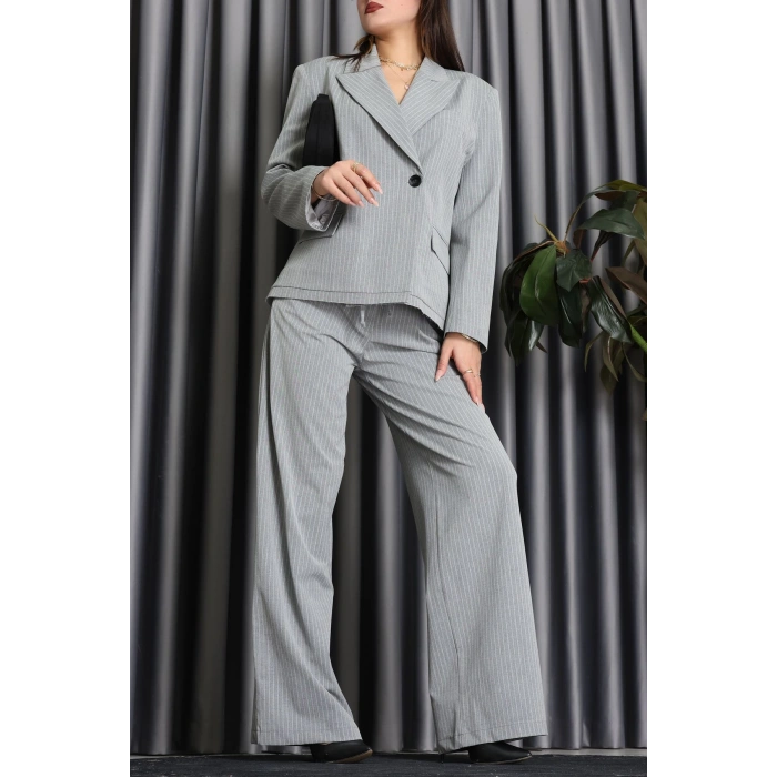Çizgili Ceket Takım Gri - 9519.1995.
