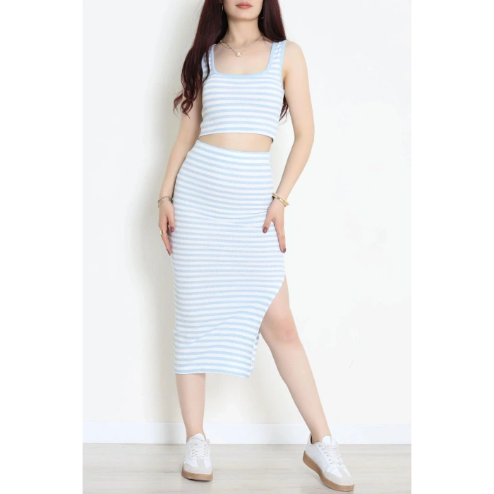 Çizgili Crop Etekli Kaşkorse Takım Mavibeyaz - 71039.1748.