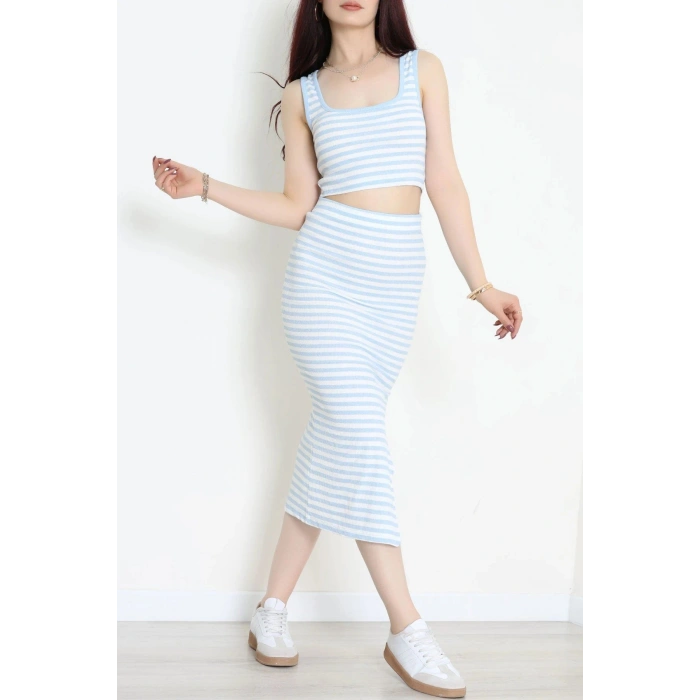 Çizgili Crop Etekli Kaşkorse Takım Mavibeyaz - 71039.1748.