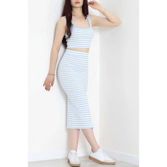 Çizgili Crop Etekli Kaşkorse Takım Mavibeyaz - 71039.1748.