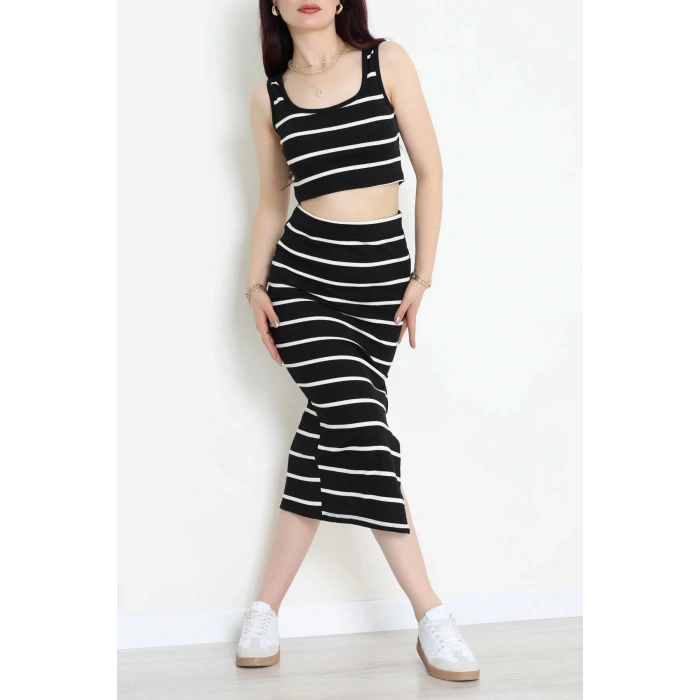 Çizgili Crop Etekli Kaşkorse Takım Siyah - 71039.1748.