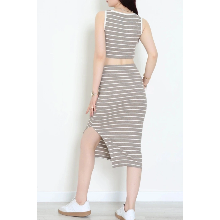Çizgili Crop Etekli Kaşkorse Takım Vizonekru - 71039.1748.