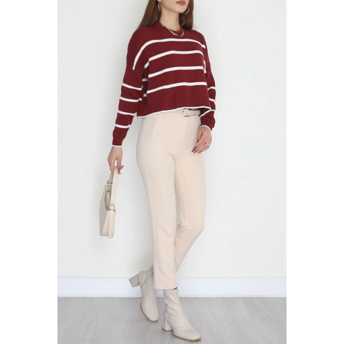 Çizgili Crop Triko Bordolatte - 3100.1577.