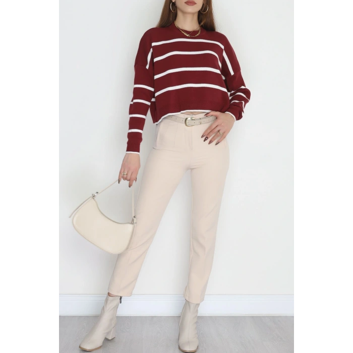 Çizgili Crop Triko Bordolatte - 3100.1577.