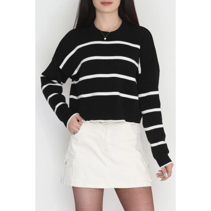 Çizgili Crop Triko Siyahlatte - 3100.1577.