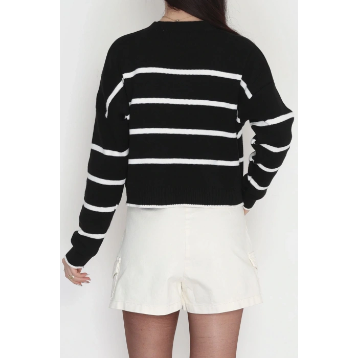 Çizgili Crop Triko Siyahlatte - 3100.1577.