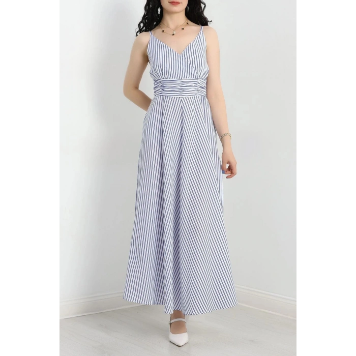 Çizgili İp Askı Elbise Saks - 4593.179.