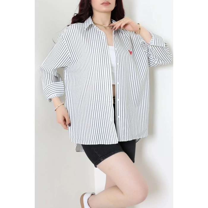 Çizgili Kalp Detaylı Gömlek Beyaz - 8073.1437.