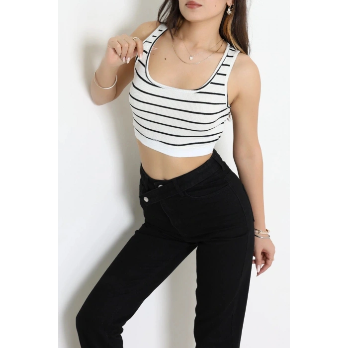 Çizgili Kaşkorse Crop Bustiyer Ekru - 71033.1748.