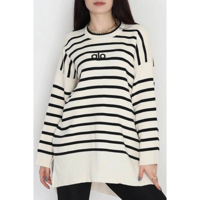 Çizgili Nakışlı Triko Tunik Bej - 4041.1247.