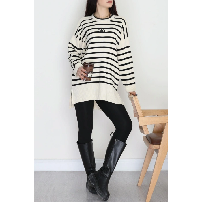 Çizgili Nakışlı Triko Tunik Bej - 4041.1247.