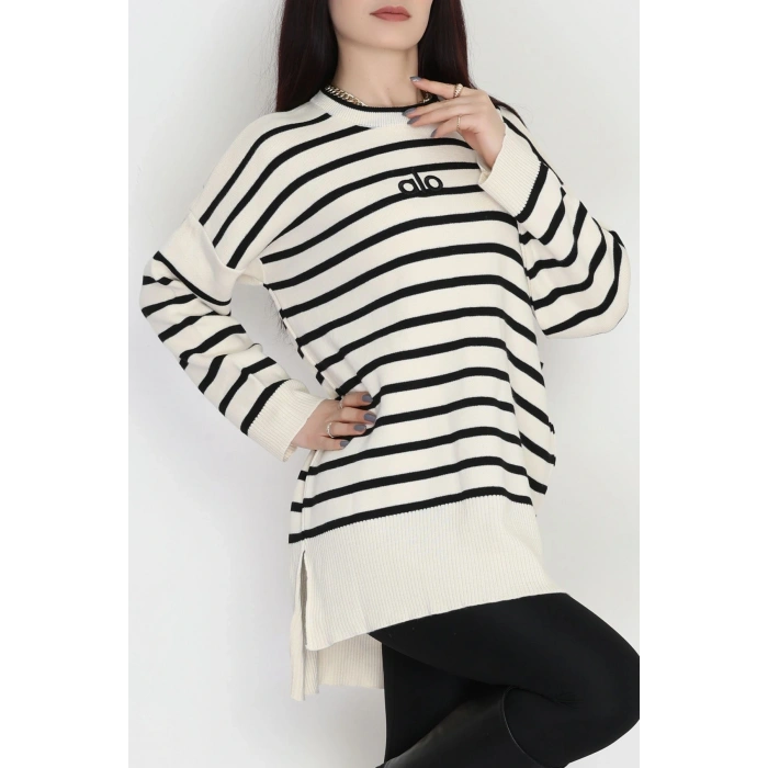 Çizgili Nakışlı Triko Tunik Bej - 4041.1247.