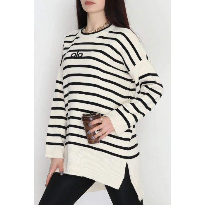 Çizgili Nakışlı Triko Tunik Bej - 4041.1247.