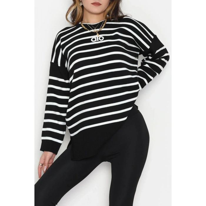 Çizgili Nakışlı Triko Tunik Siyah - 4041.1247.